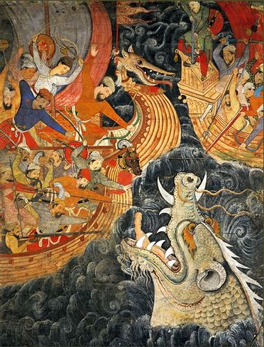 Leviathan Attacks Hamza and His Men - painting, historyofindia, indian, history, collective, oijo, blogs, bharatvarsha, jodhpur, gunsofindia
