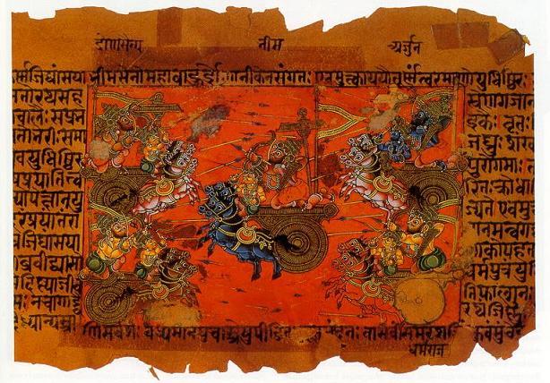 A manuscript illustration of the Battle of Kurukshetra, fought between the Kauravas and the Pandavas, recorded in the Mahabharata Epic