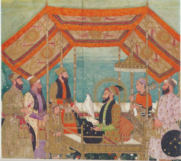  Aurangzeb holds court, as painted by (perhaps) Bichitr; Shaistah Khan stands behind Prince Muhammad Azam
