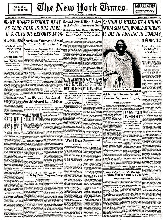 The New York Times Front Page On Mahatma Gandhi's Assassination