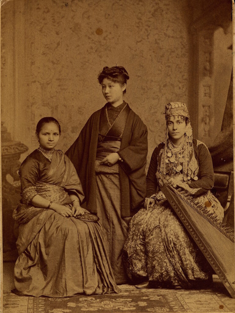 Anandibai Joshee graduated from Woman's Medical College of Pennsylvania (WMCP) in 1886. Seen here with Kei Okami (center) and Sabat Islambooly (right). All three completed their medical studies and each of them was among the first women from their respective countries to obtain a degree in Western medicine.
